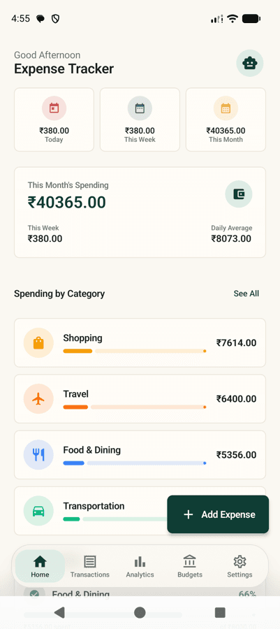 The Expense Tracker home screen, showing this month's spending, a bar chart of recent days, and the most recent transactions.