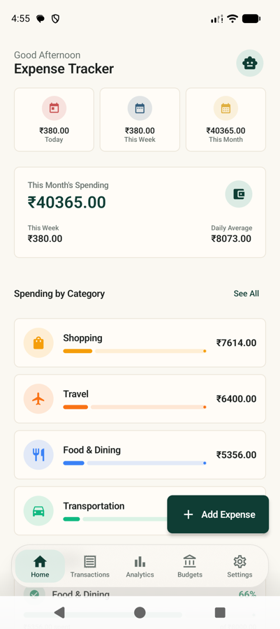 Home screen showing this month's spending, a bar chart of recent days, and recent transactions.