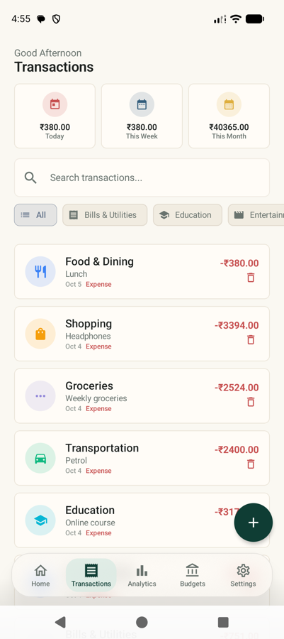 The transaction list with a search bar and category filter chips along the top.