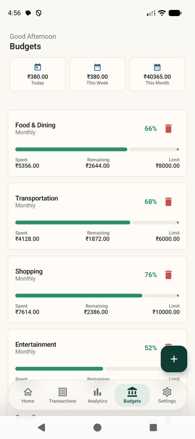 Budget screen showing a monthly limit, how much is spent, and a progress bar toward the threshold.