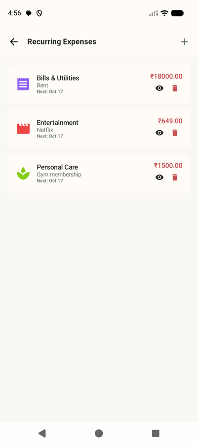 Recurring expenses screen listing subscriptions and bills that repeat on a schedule.