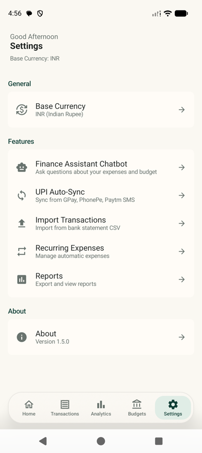 Settings screen with base currency, budget threshold and data export options.